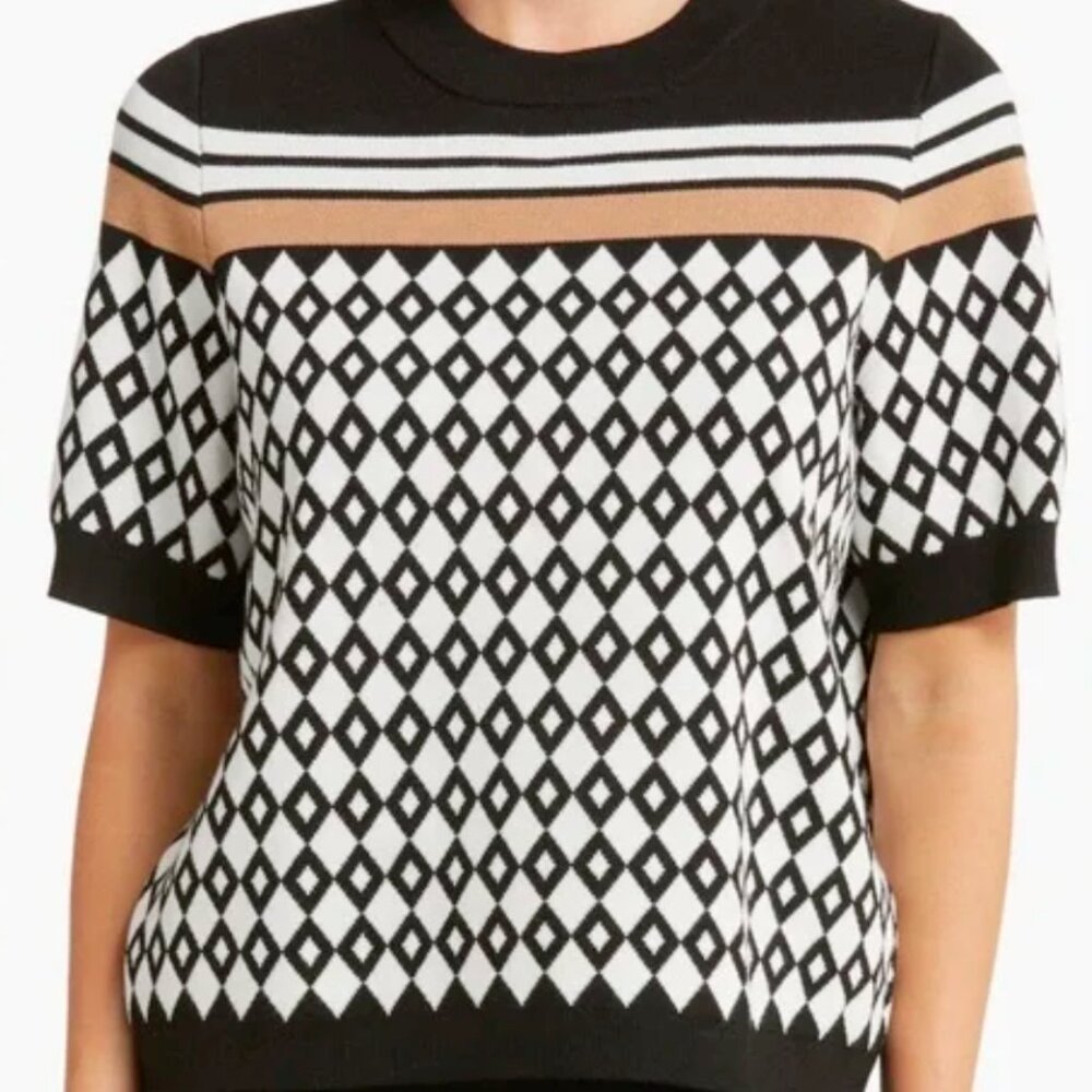 Preppy Short Sleeve Sweater in Funky Pattern by Adrianna Papell Size Small